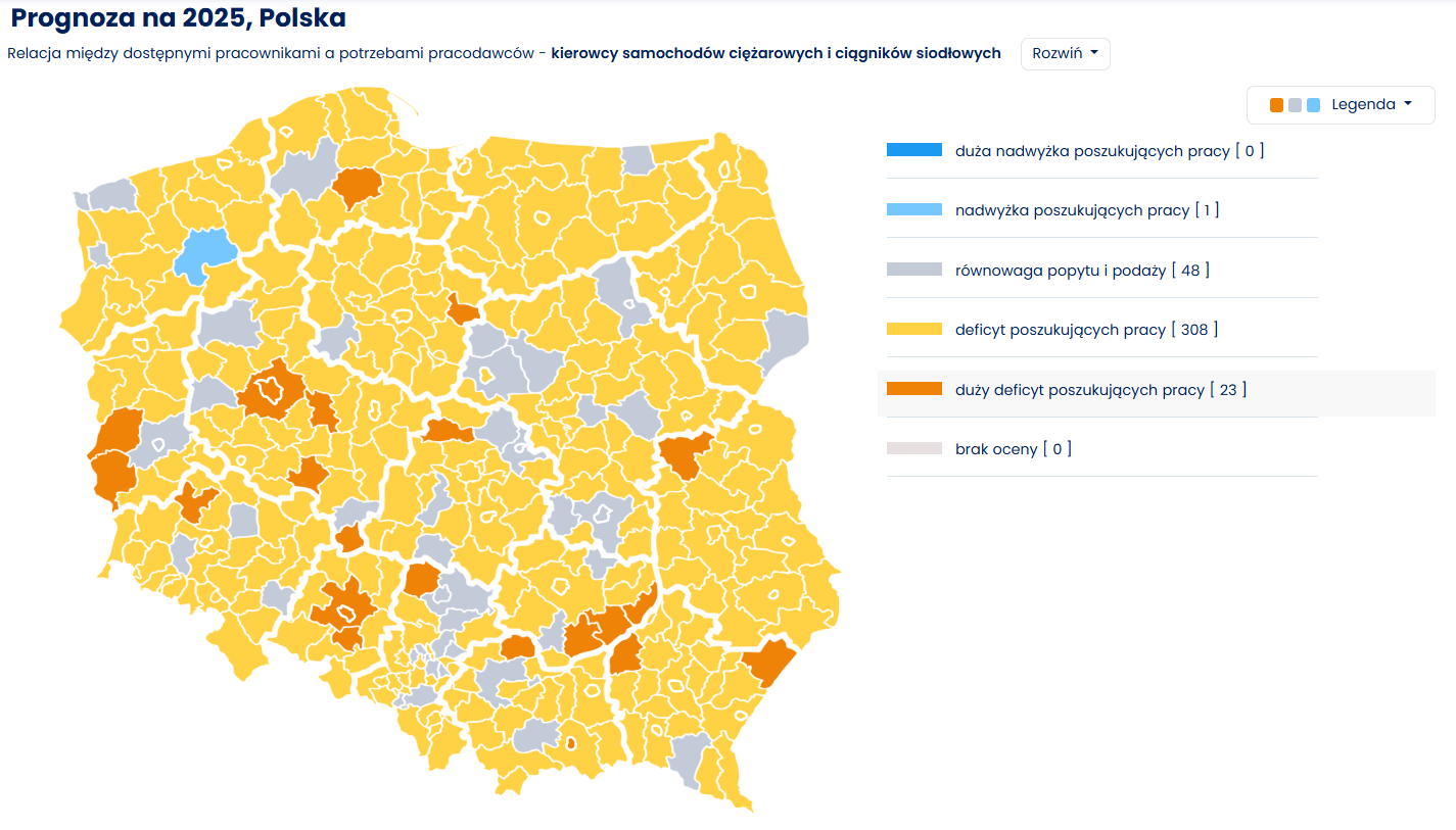 Mapa deficytu stanowiska kierowcy samochodów ciężarowych i ciągników siodłowych w Polsce