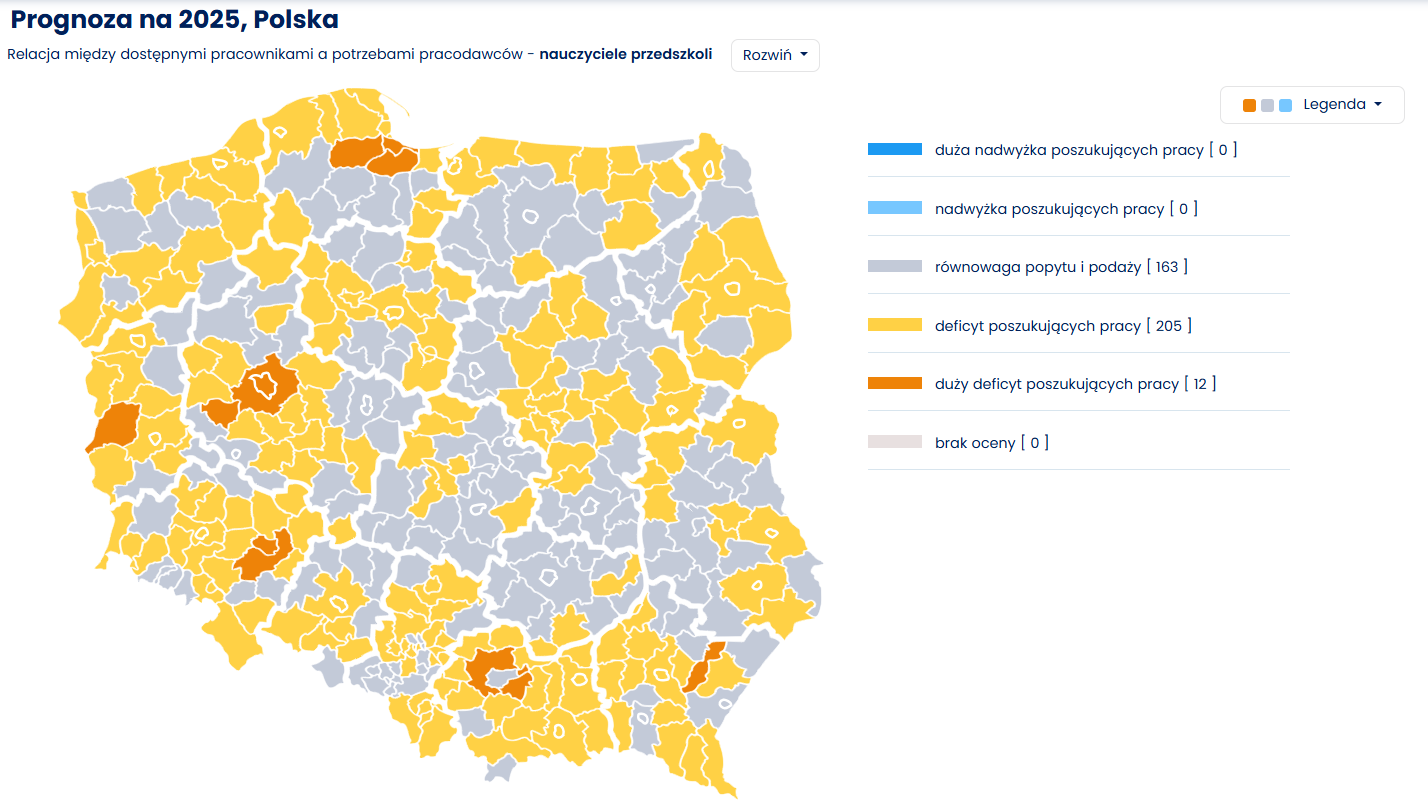 Mapa deficytu stanowiska nauczyciele przedszkoli w Polsce