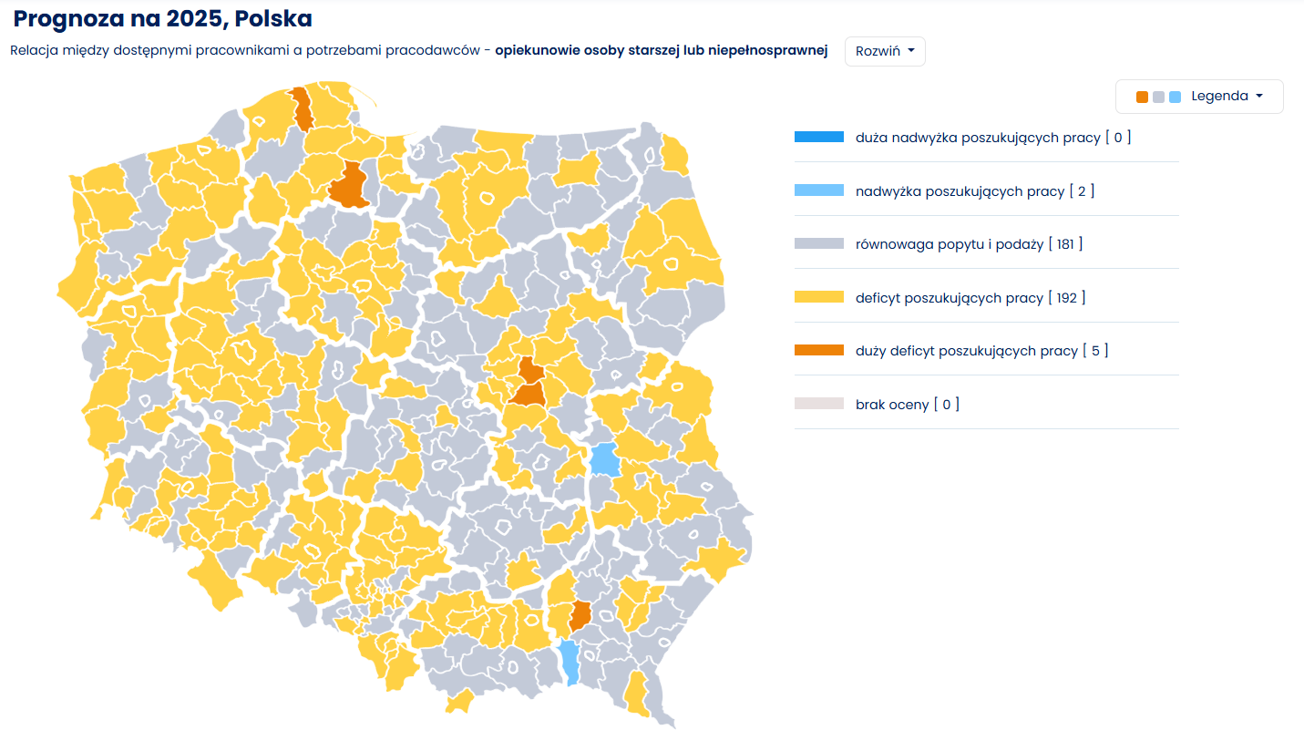 mapa deficytu stanowiska opiekun osób starszych w Polsce