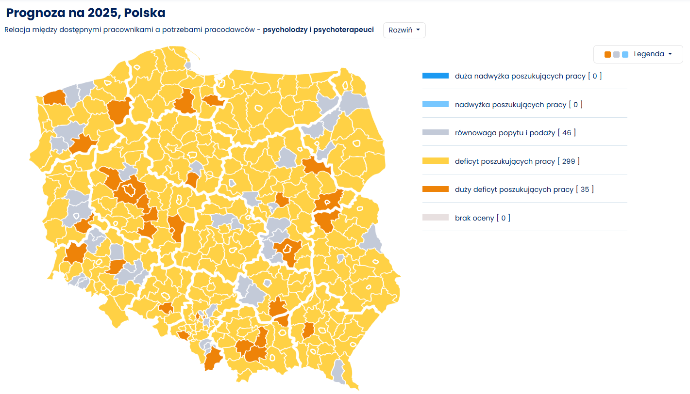 mapa deficytu stanowiska psycholog i psychoterapeuta  w Polsce